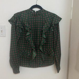 Scotch and Soda Printed Ruffled Silk Blouse